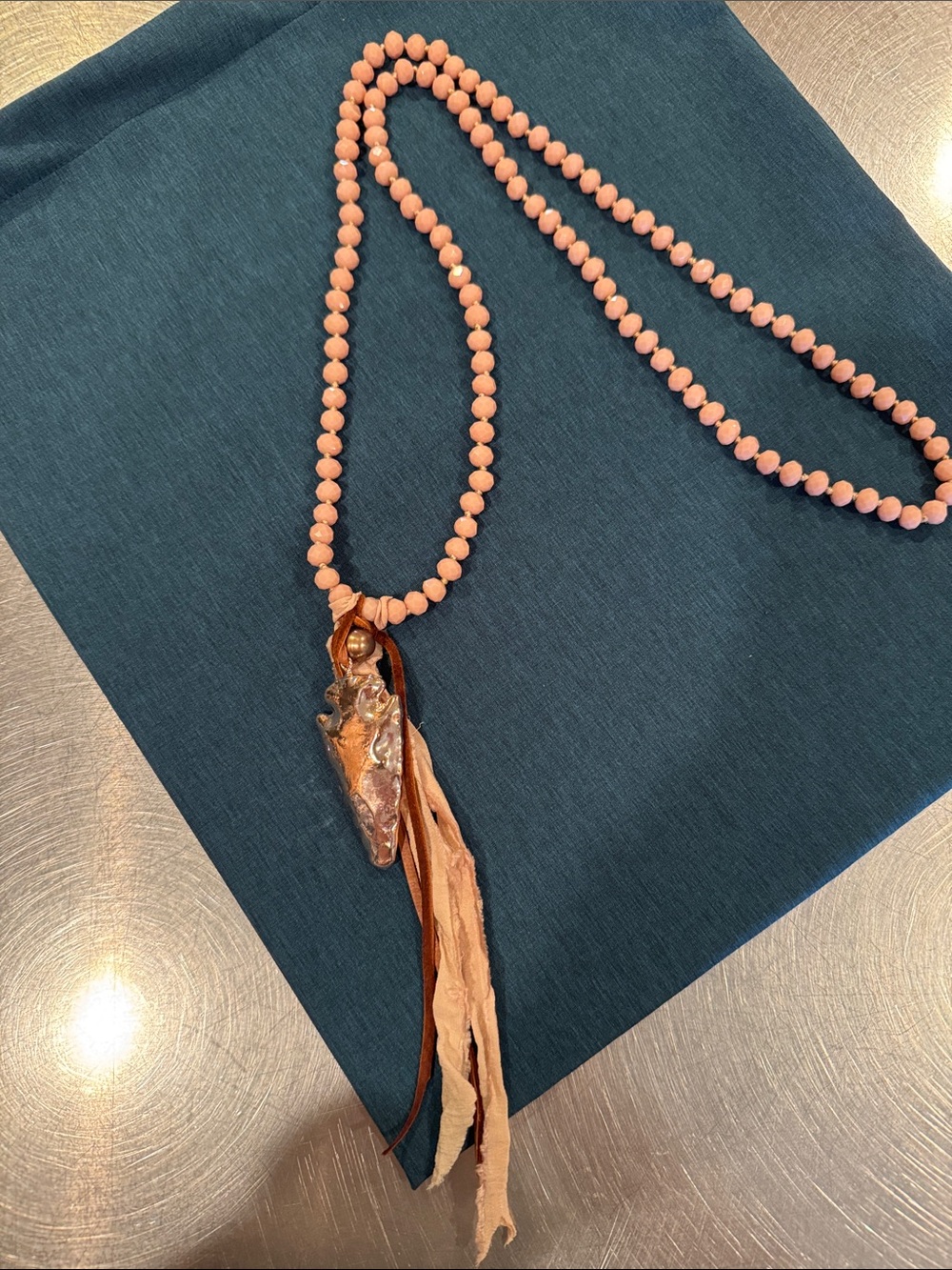 Pink Beaded Arrow Head Pendant Necklace with Tassel
